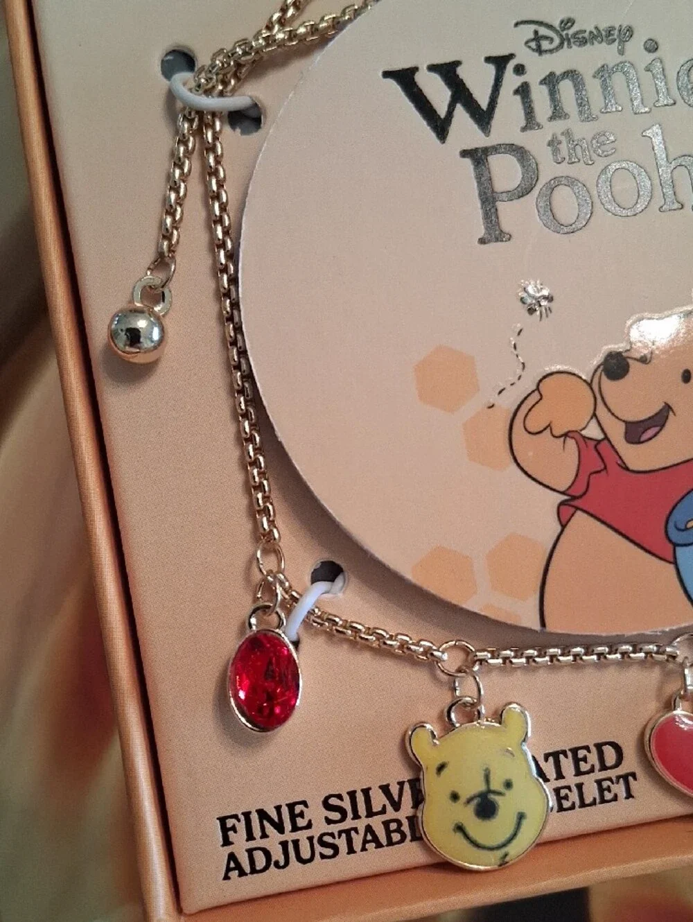 Disney Winnie the Pooh Gold Charm Bracelet W/ Red & Blue Accents.NWT. Super Cute